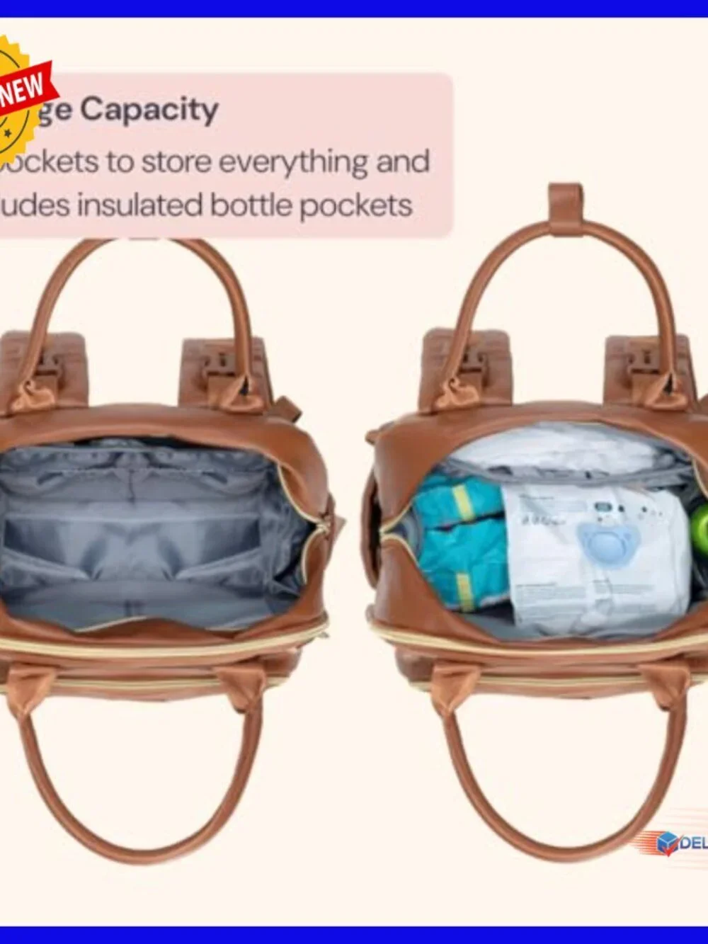 Large Vegan Leather Diaper Backpack with Changing Pad, Water Resistant, 26L